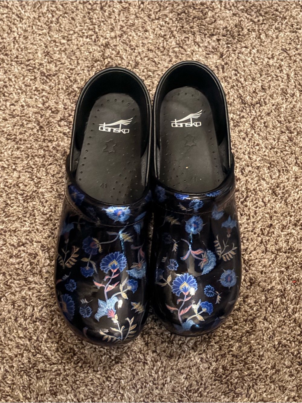 Dansko Black Patent Floral Clogs with Blue Accents size 8.5 Women’s